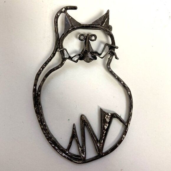 Vintage Large Cat Cartoon Brooch Bronze Tone Outline Silhouette Cat Lady 80s - Picture 2 of 6